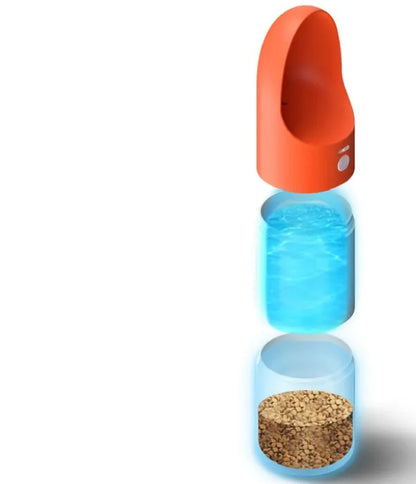 White and grey rocket-shaped pet water bottle with drinking outlet and lock button