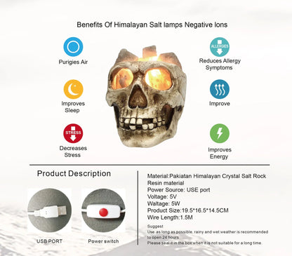 Himalayan Salt Lamp with Skull Design: Air Purifier, Dimmable Lighting, Stress Relief