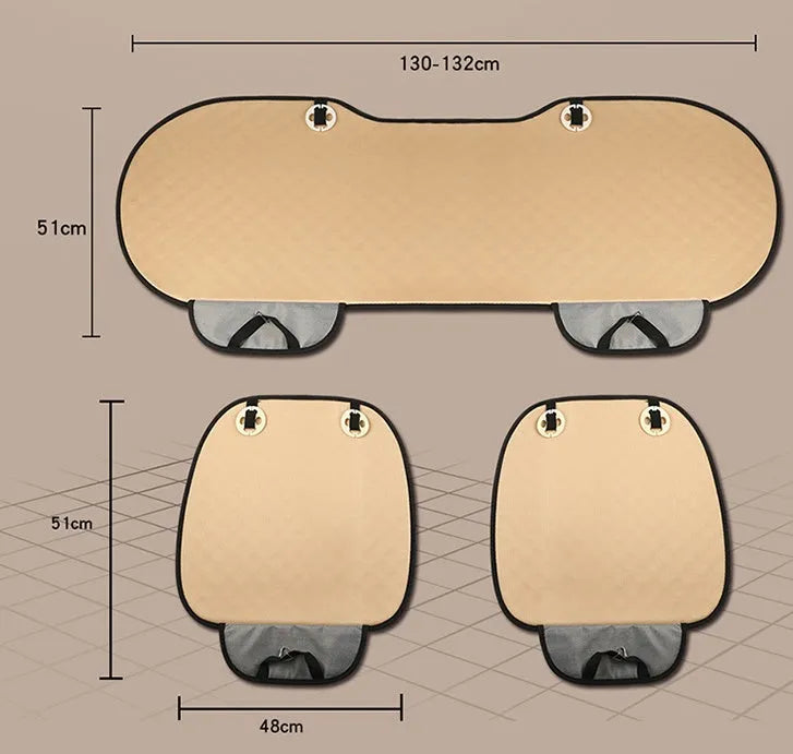 Flax linen car seat cover protector in beige, black, red and brown, with cushion and five-seat style options.