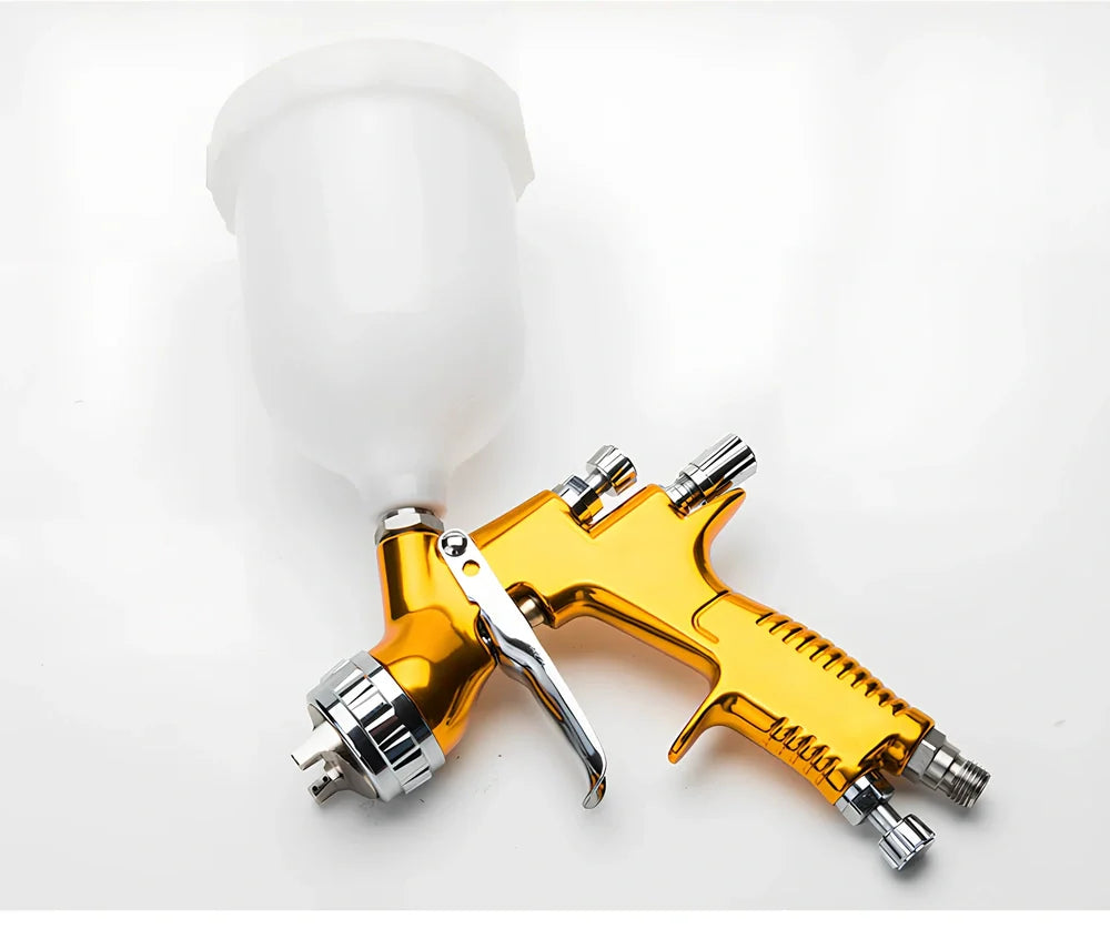 Gold aluminium HVLP spray gun with 600cc plastic pot and 1.3mm nozzle for water-based paints