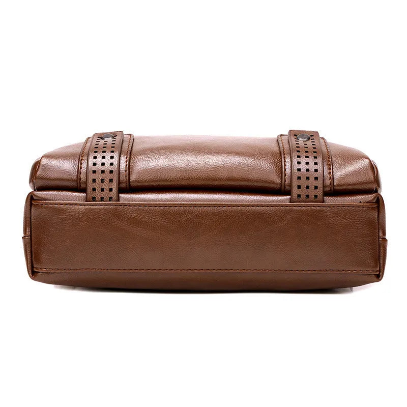Men's soft messenger shoulder bag with zip closure and polyester lining in black, brown, or khaki
