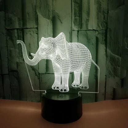 3D elephant LED table lamp with colourful illumination and touch control base measuring 87x87x42mm