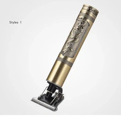 Professional hair clippers with USB charging stand, spare battery, and cleaning tools on salon counter