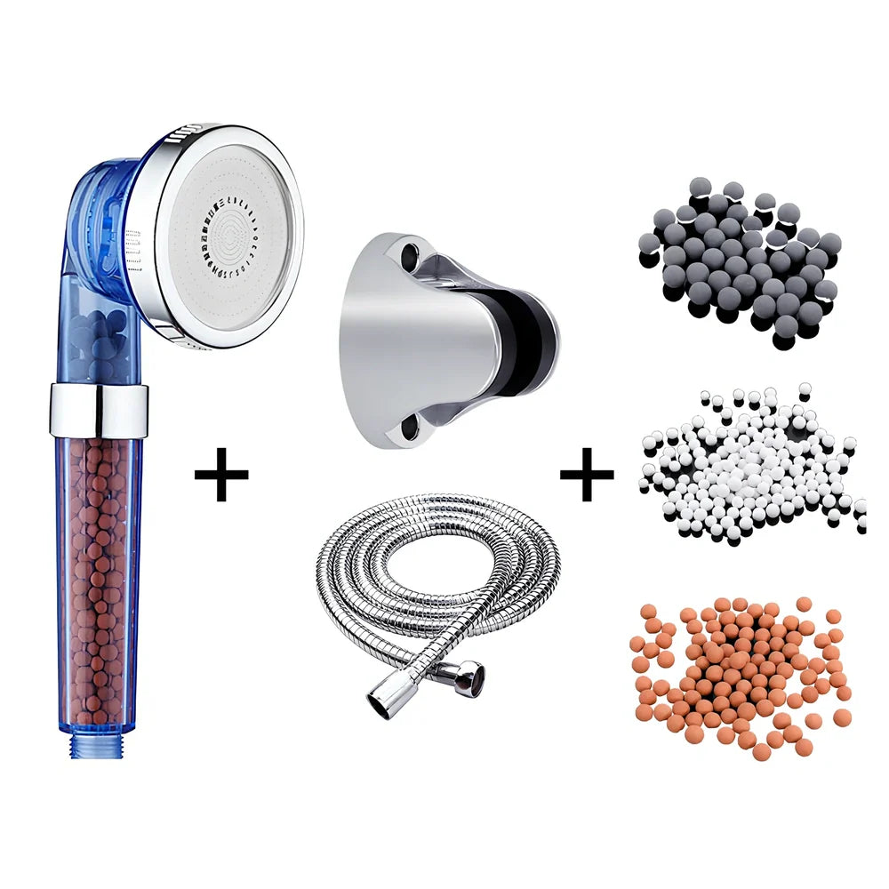 Pressurised shower head with stainless steel panel showing three water mode settings and removable nozzles