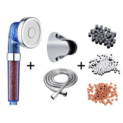 Pressurised shower head with stainless steel panel showing three water mode settings and removable nozzles