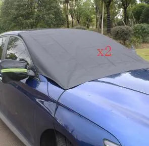 Car windshield snow cover 210x120cm black and silver waterproof polyester taffeta with reflective warning bar and four magnets