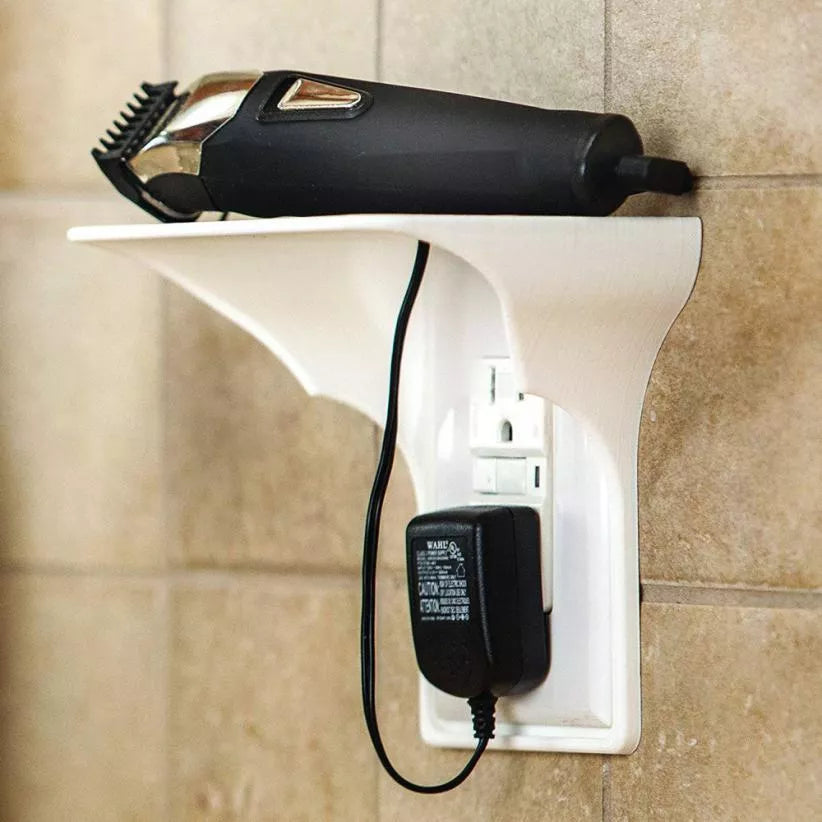 Easy install wall outlet shelf for power perch and storage, fits most USA outlets