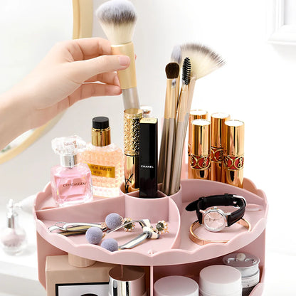 Rotating cosmetics organiser with 360-degree mechanism measuring 23 x 30.5cm in plastic construction