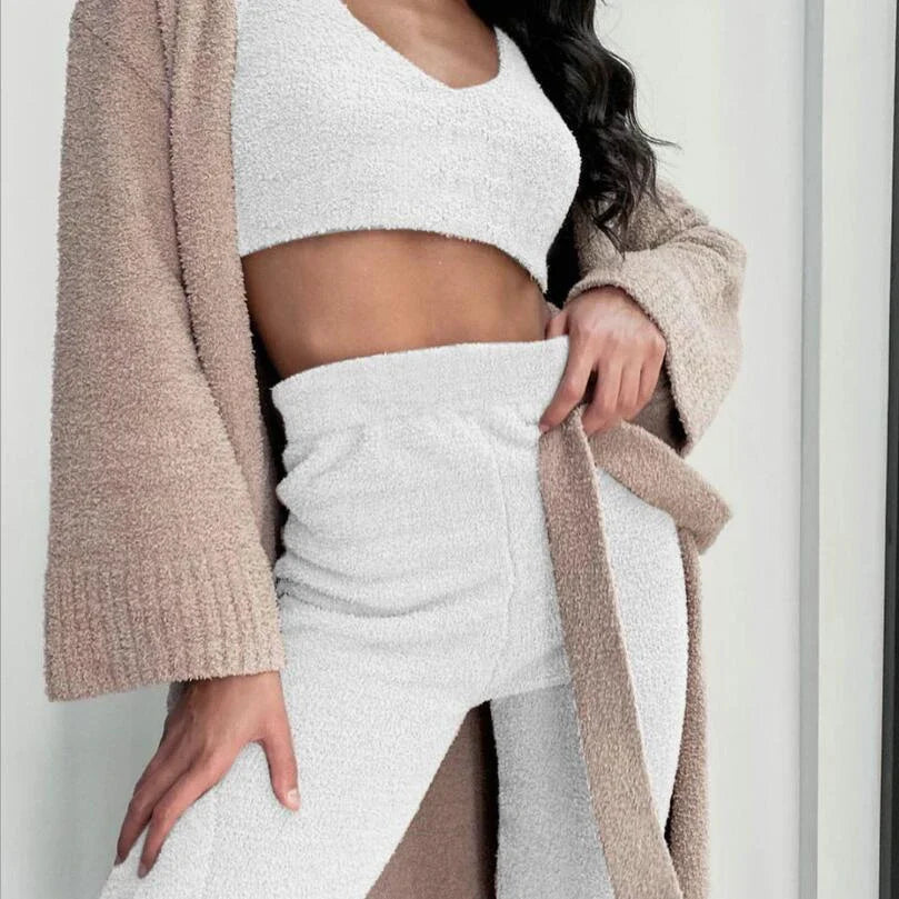 Cozy 3-Piece Women's Pajama Set with Long Sleeve Crop Top and Drawstring Shorts in various colors