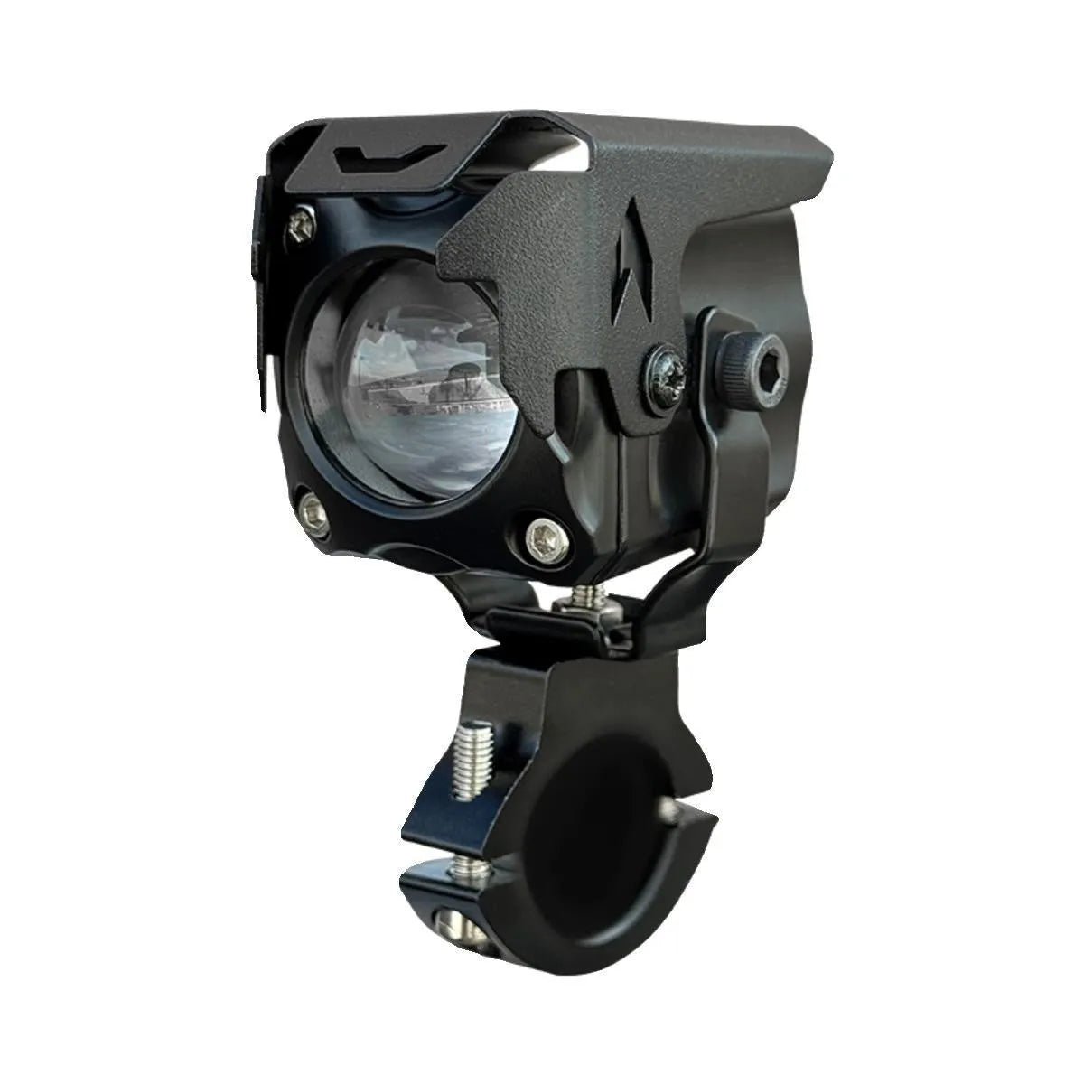 Motorcycle and car LED spotlight kit with integrated lens, wireless remote switch, and mounting brackets.