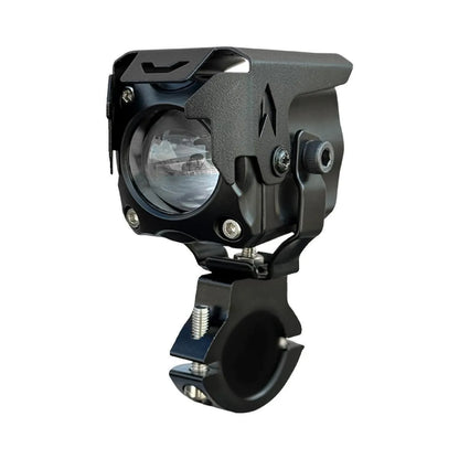 Motorcycle and car LED spotlight kit with integrated lens, wireless remote switch, and mounting brackets.