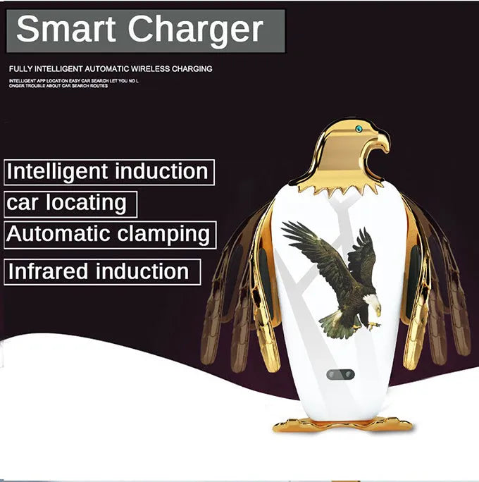 Eagle design car phone holder with wireless charging base and suction cup mount in two-tone colours.