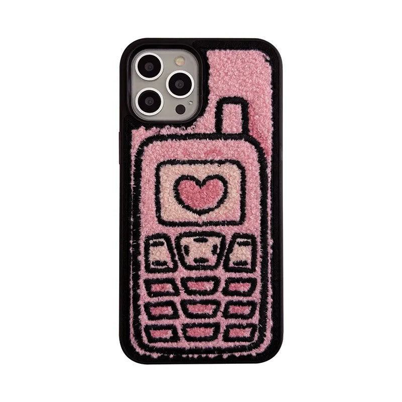 Pink soft TPU iPhone case with a towel-embroidered textured back for models iPhone X to 15.