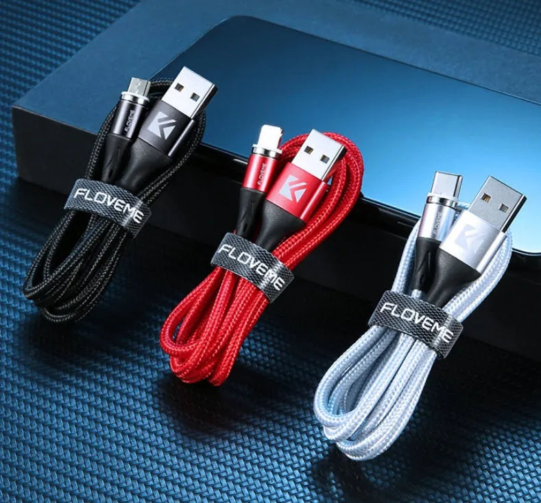 Black magnetic fast charge data cable with LED light and Type-C connector on a white background.