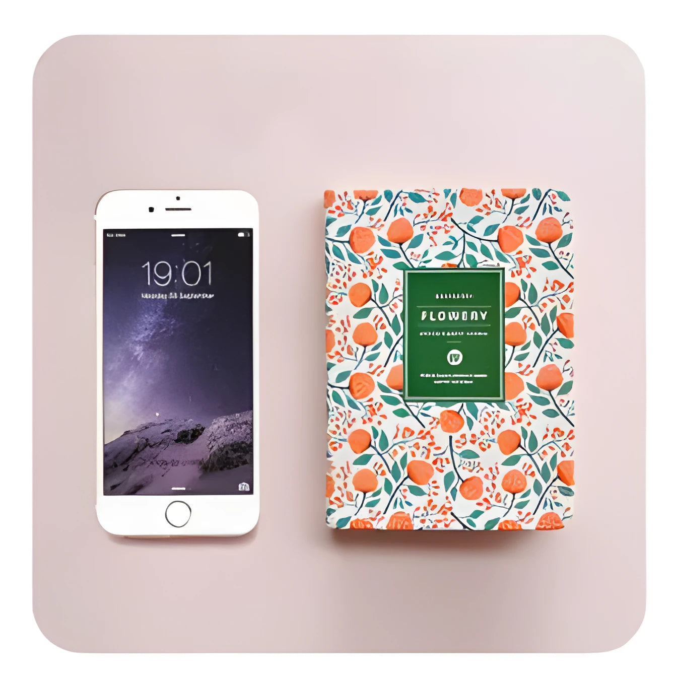 Bo Shide floral notepad with fabric-imitation leather cover in green, shown open on a desk.