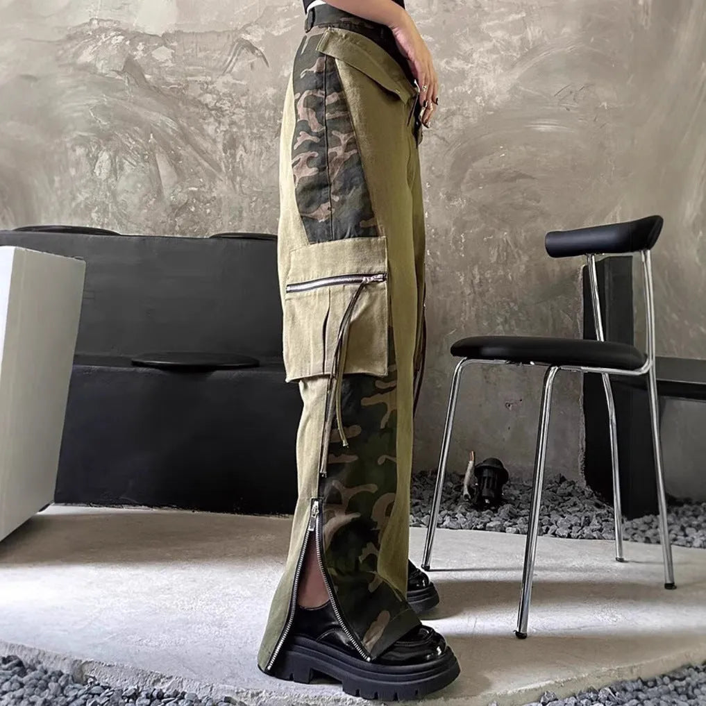 Dark khaki leopard print high waist straight leg jeans with faux stitching tooling design