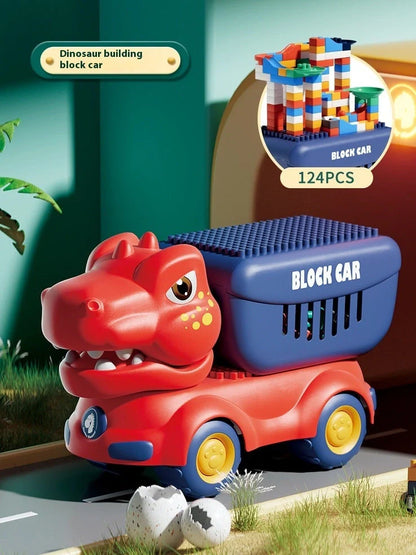 Large particle dinosaur building blocks on wheels for 4-6 year old children with complete vehicle assembly