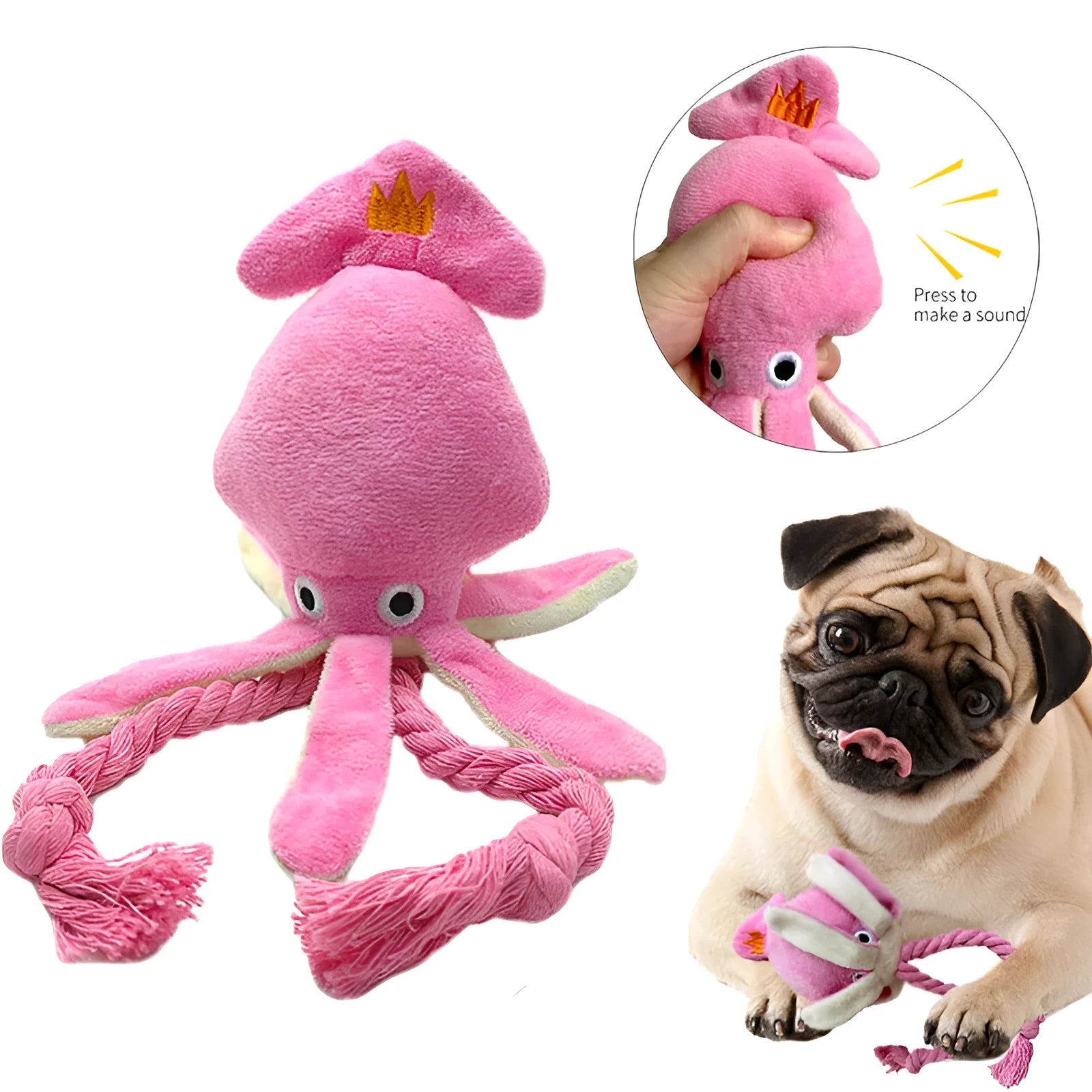 Pink squid-shaped corduroy plush dog toy with rope-like tentacles