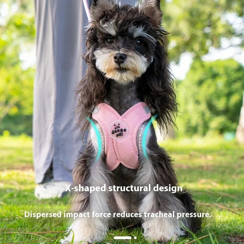 Adjustable dog vest and hand holding rope set in blue, green, pink, or yellow colours with polyester material