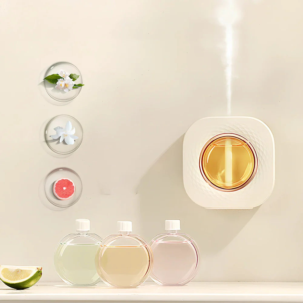 Square ivory white aroma diffuser with dry battery operation measuring 105x105x39mm