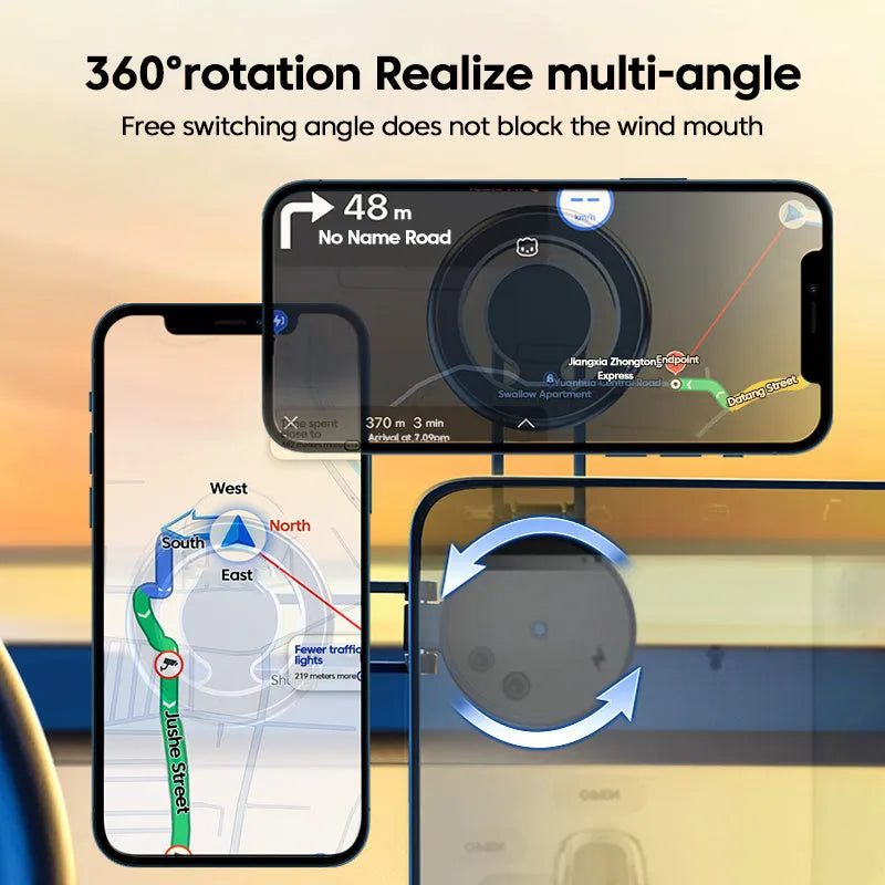 Black telescopic magnetic car phone holder extended on a car dashboard, holding a mobile phone.