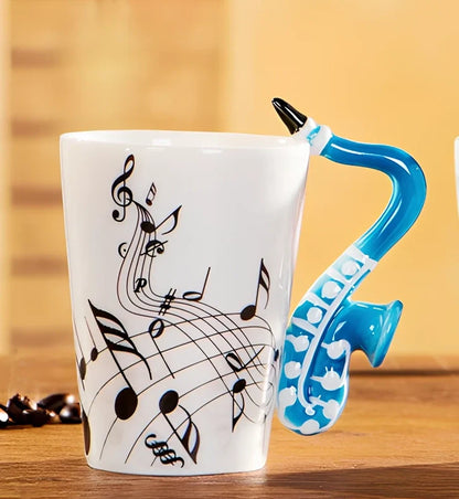 Ceramic music mug with violin-shaped handle showing 240ml capacity and smooth glazed interior
