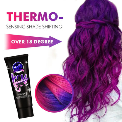 Thermochromic hair dye cream that changes color at 18°C, available in green yellow and black silver