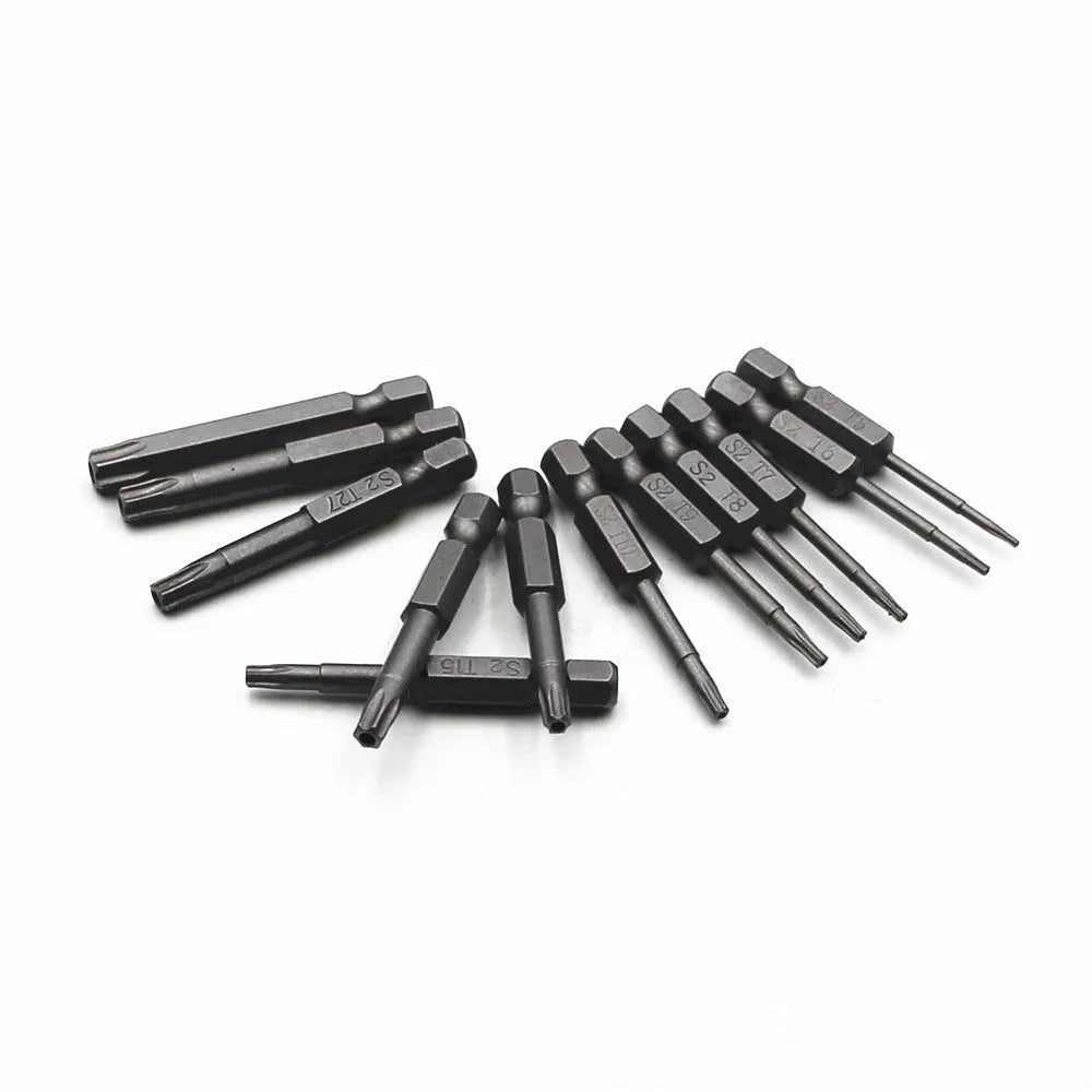 Set of alloy hexagon handle screwdrivers in 50mm, 75mm, and 100mm lengths with plum blossom hollow tips.