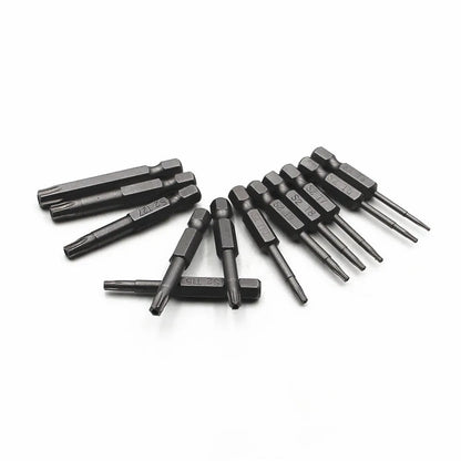 Set of alloy hexagon handle screwdrivers in 50mm, 75mm, and 100mm lengths with plum blossom hollow tips.