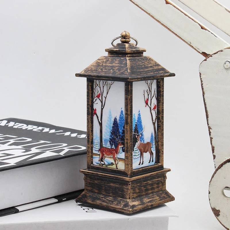 Festive LED Christmas lanterns with Santa Claus, snowman, and other holiday-themed designs