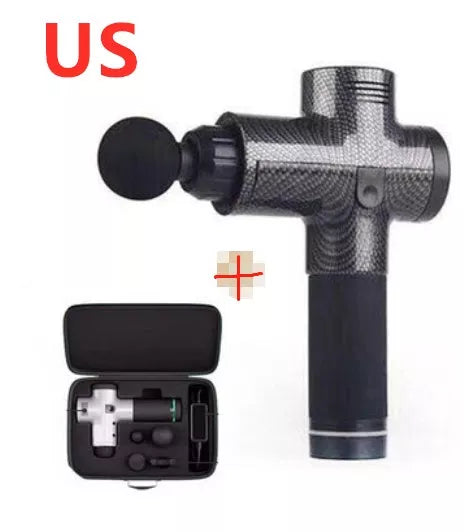 Relax Tissue Deep Muscle Massage Gun with 4 interchangeable heads on a white background