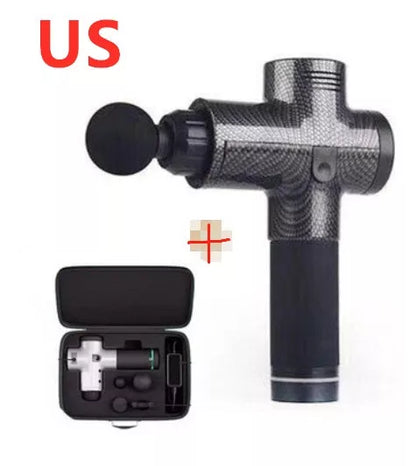 Relax Tissue Deep Muscle Massage Gun with 4 interchangeable heads on a white background