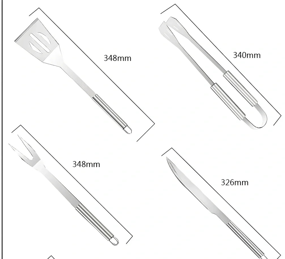 10-piece stainless steel BBQ tool set with shovel, knife, clip, strings, fork, brush in storage bag