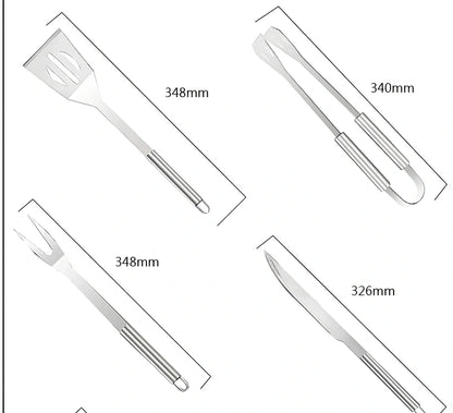 10-piece stainless steel BBQ tool set with shovel, knife, clip, strings, fork, brush in storage bag