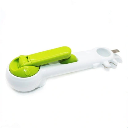 Universal can opener with six functions for easy opening of cans, bottles, and jars