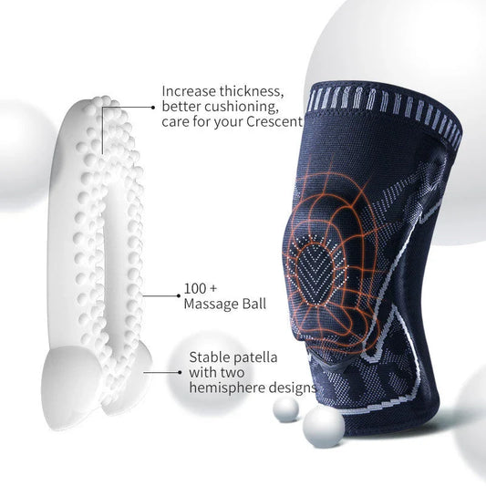 Durable knee pads with knitted silicone construction, V-shaped design, and 360-degree non-slip strips for all-around sports protection
