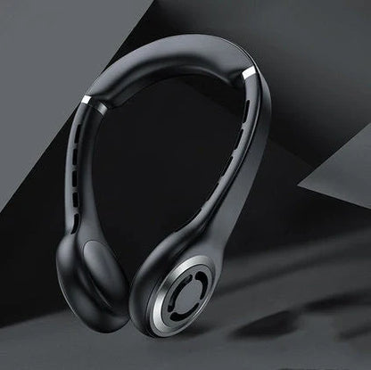Black hanging neck fan with flexible design showing dual battery compartments and adjustable airflow vents