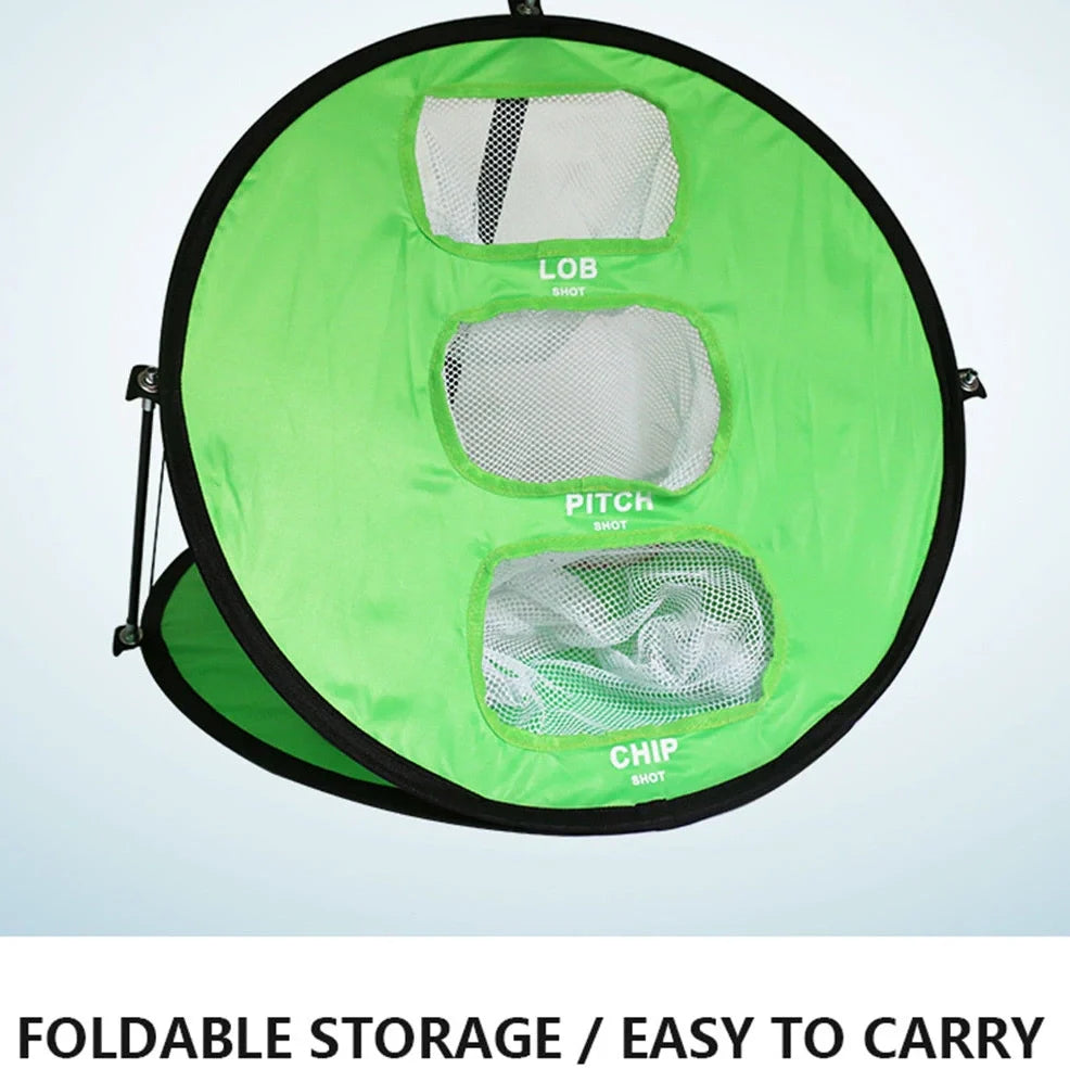 Green portable golf practice net with fibre glass frame unfolded to 57cm x 50cm dimensions