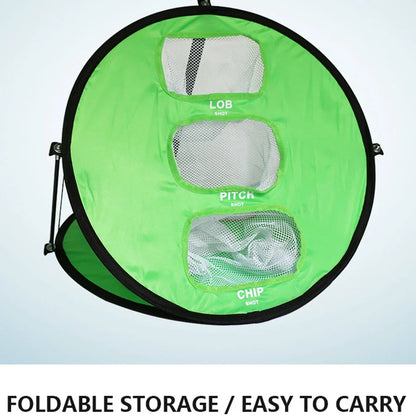 Green portable golf practice net with fibre glass frame unfolded to 57cm x 50cm dimensions