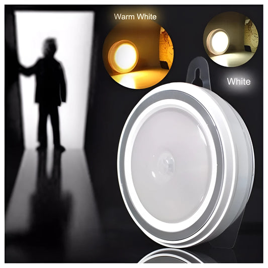 A round, white, battery-powered motion sensor LED light with a diameter of 80mm.