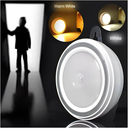 Round white motion sensor LED light with 80mm diameter for wardrobe and corridor lighting