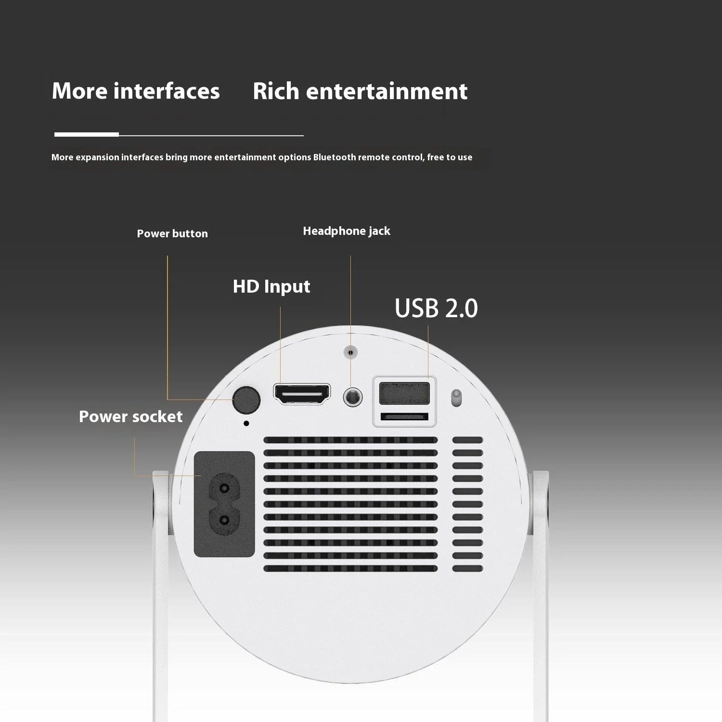 Compact home theater projector with 180-degree projection angle, automatic focus, and 4K video support for immersive entertainment experience