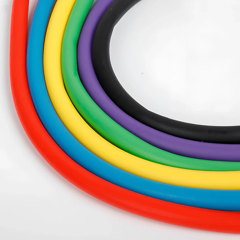 Five colour-coded latex resistance bands showing 120cm length with resistance levels from 10-30 pounds