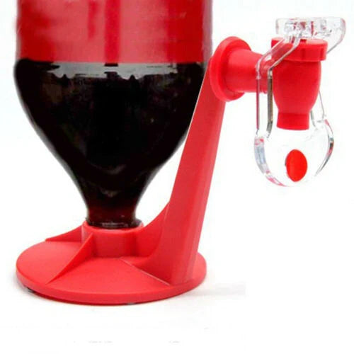 Red plastic hands-free beverage dispenser for coke bottles