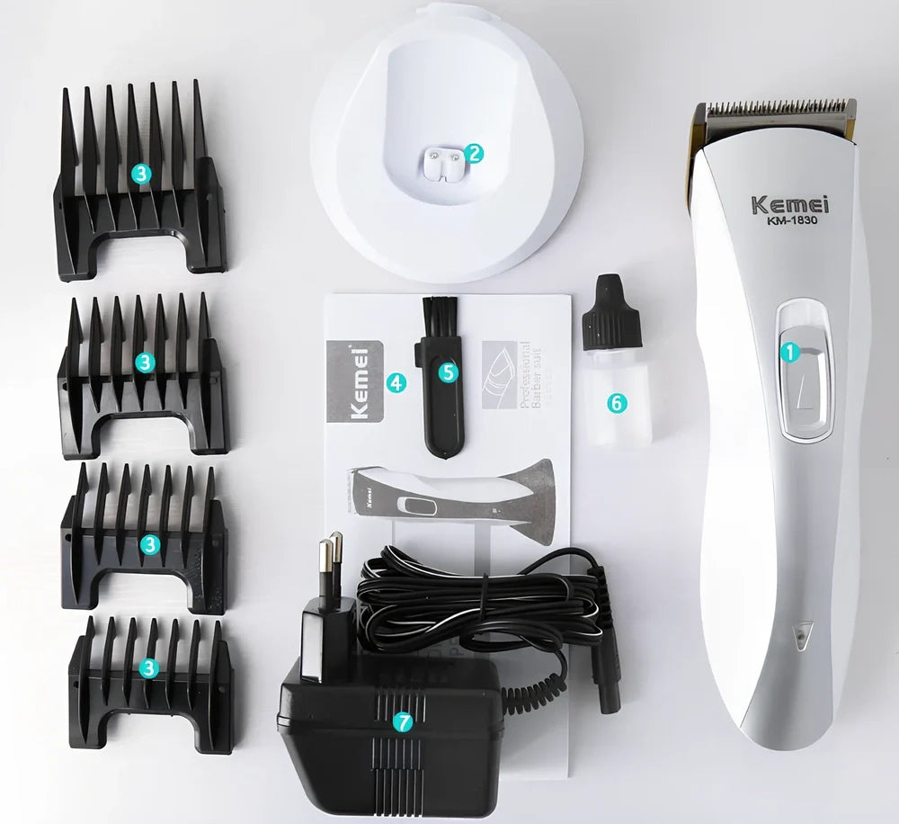 White KM-1830 electric hair clipper, 18.2 x 5 cm compact design, 3W power for home trimming