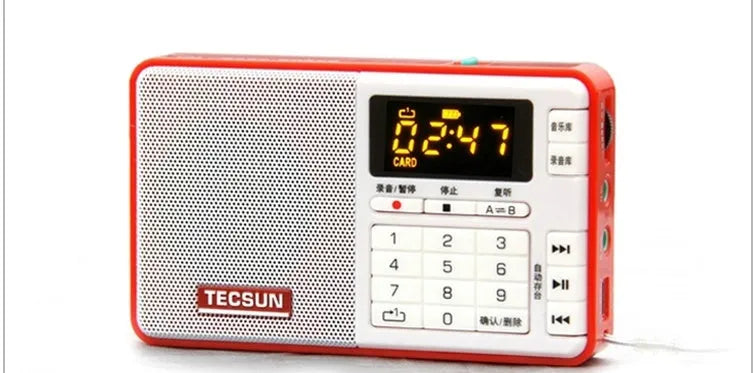 Tecsun Q3 portable digital audio player with FM radio in multiple colour choices on a white background