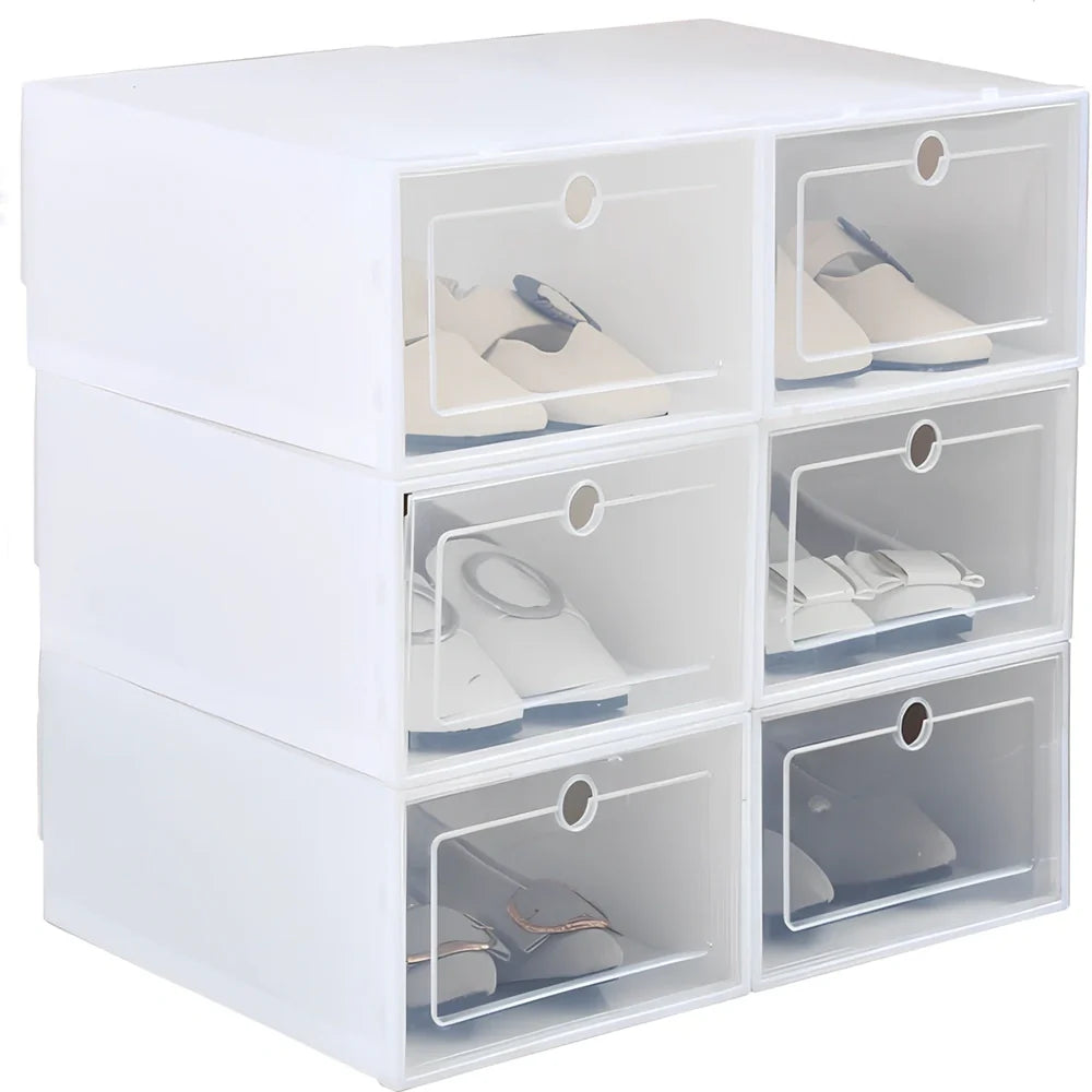 Transparent plastic shoe box showing stackable design and clear construction