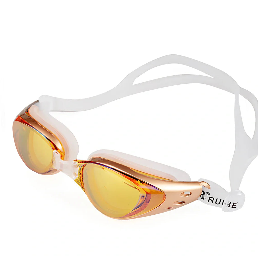 Anti-fog swimming goggles with UV-resistant mirror lenses and silicone straps in multiple colour options