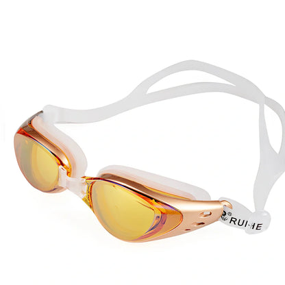 Anti-fog swimming goggles with UV-resistant mirror lenses and silicone straps in multiple colour options