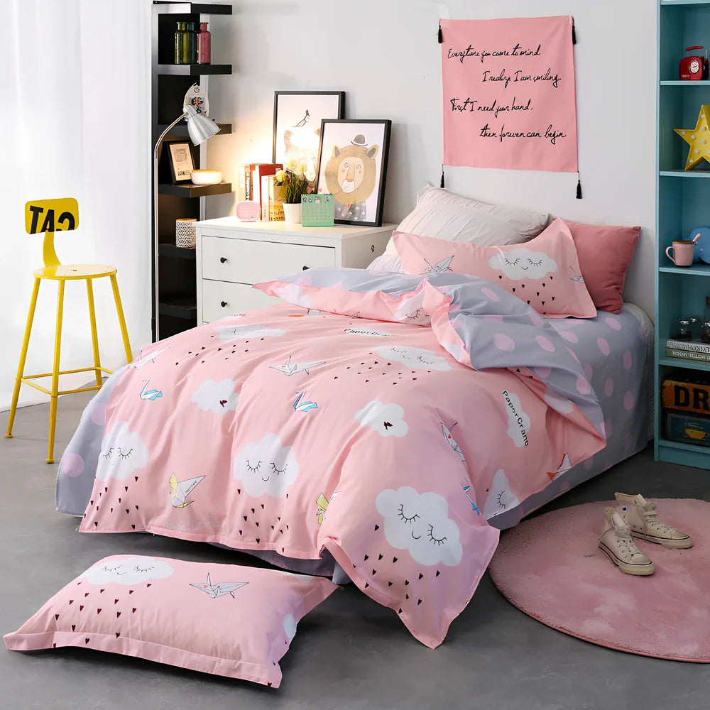 Reactive printed cotton bedding set with botanical flower and leaf patterns for UK double beds